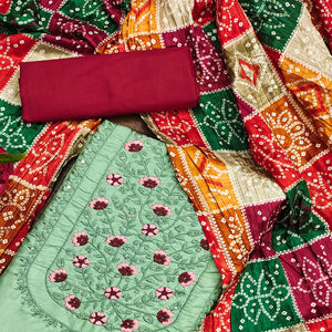 Green Floral Embroidered Cotton Blend Dress Material