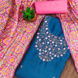 Blue Floral Sequins Embroidered Cotton Blend Dress Material