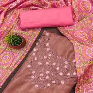 Rust Floral Sequins Embroidered Cotton Blend Dress Material