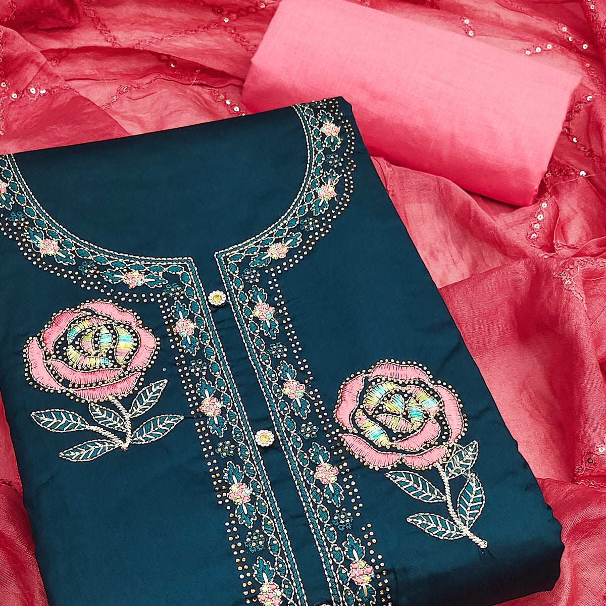 Dark Blue Pure Cotton Dress Material Adorned With Floral Embroidery & Sparkling Swarovski