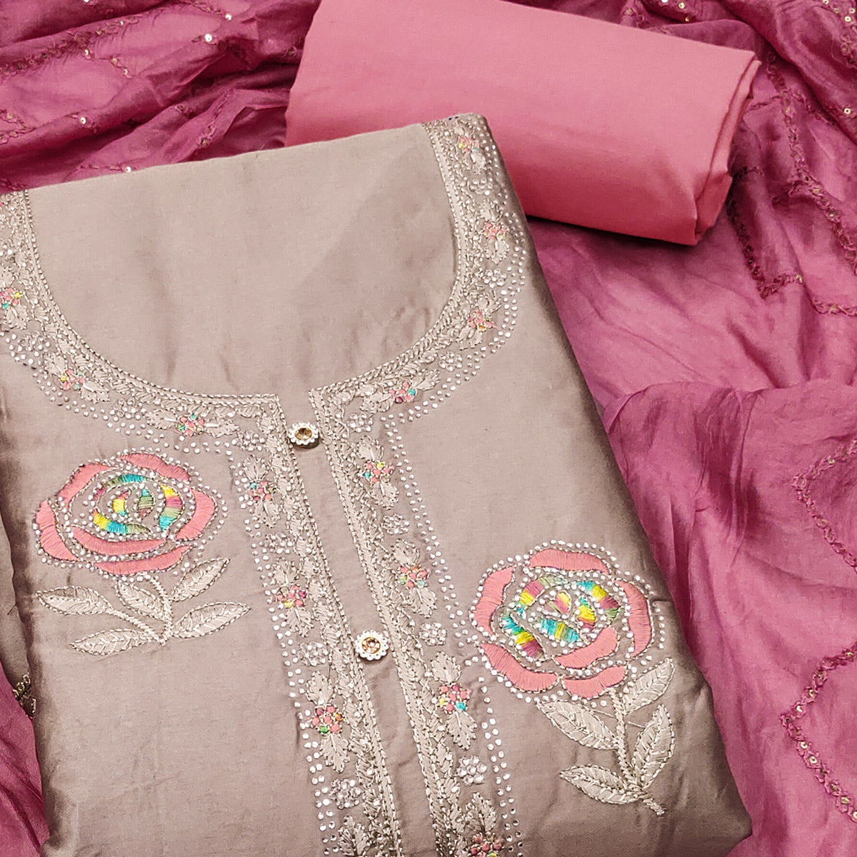 Dusty Brown Pure Cotton Dress Material Adorned With Floral Embroidery & Sparkling Swarovski