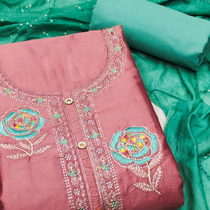 Peach Pure Cotton Dress Material Adorned With Floral Embroidery & Sparkling Swarovski