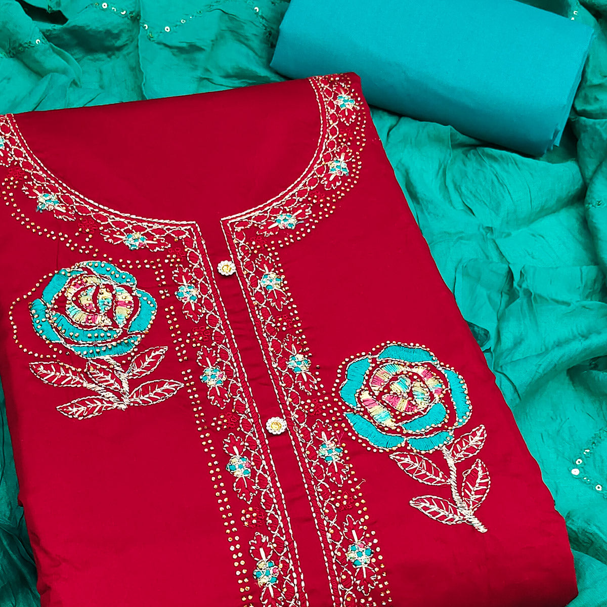 Pink Pure Cotton Dress Material Adorned With Floral Embroidery & Sparkling Swarovski