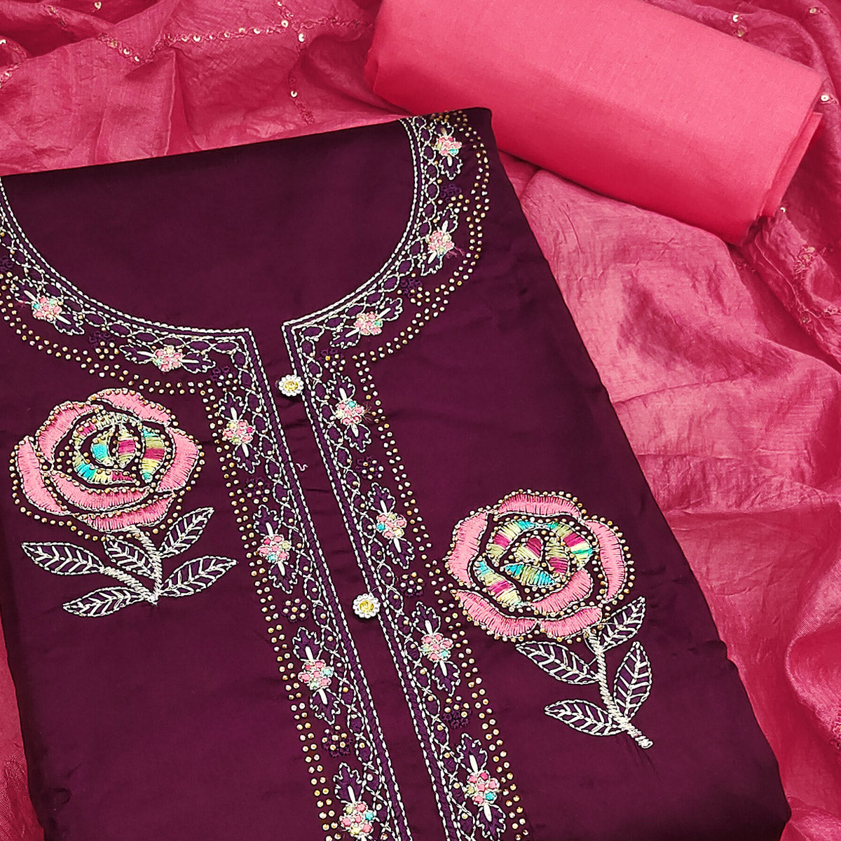 Wine Pure Cotton Dress Material Adorned With Floral Embroidery & Sparkling Swarovski