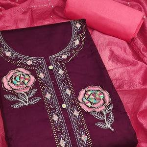 Wine Pure Cotton Dress Material Adorned With Floral Embroidery & Sparkling Swarovski