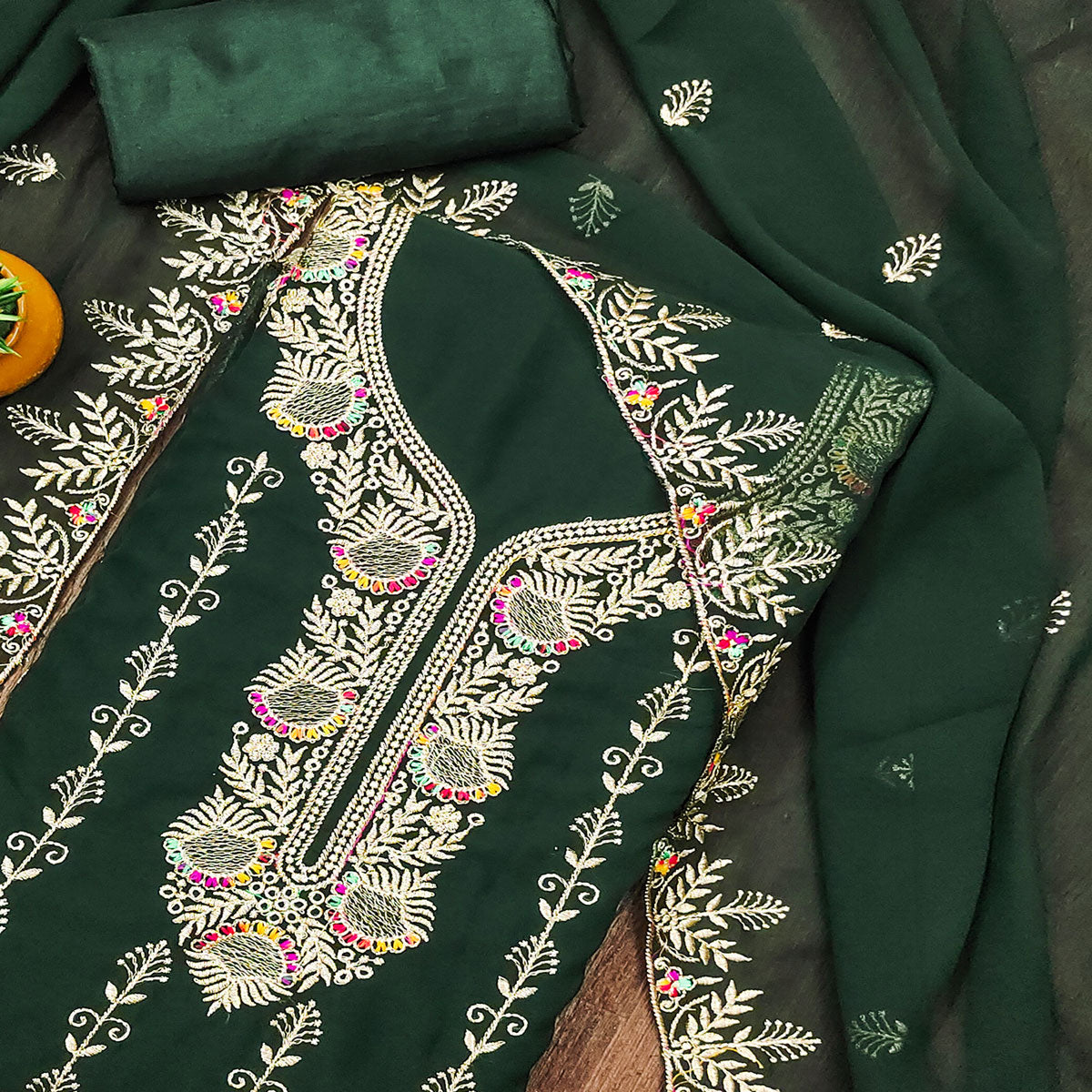 Green Floral Embroidered Georgette Dress Material