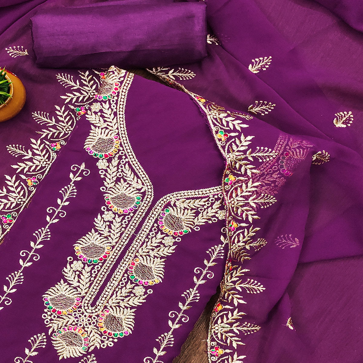 Purple Floral Embroidered Georgette Dress Material