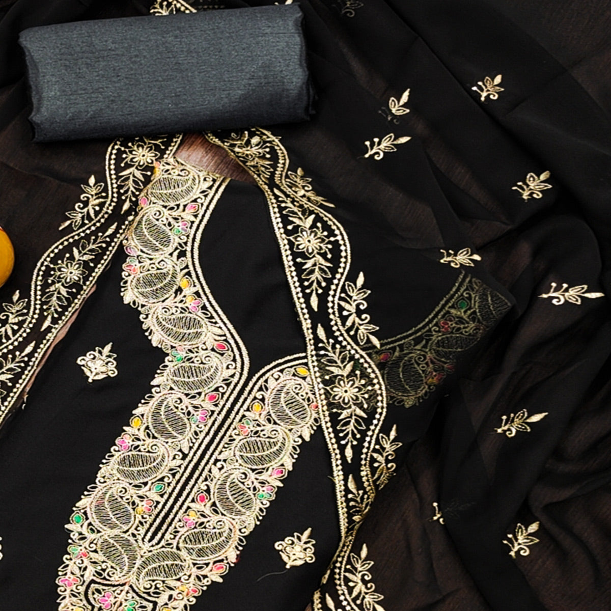 Black Floral Embroidered Georgette Dress Material