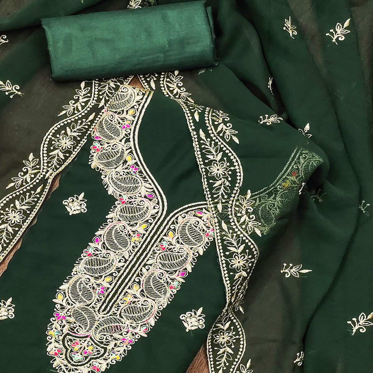 Green Floral Embroidered Georgette Dress Material