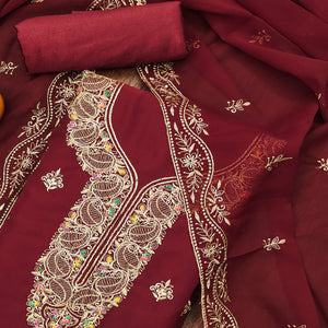 Maroon Floral Embroidered Georgette Dress Material