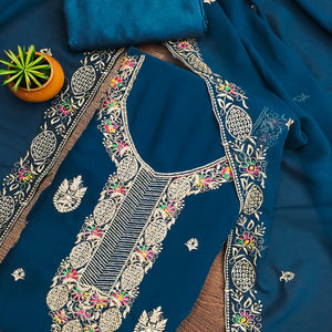 Blue Designer Georgette Dress Material Adorned With Intricate Floral Embroidery