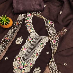 Brown Designer Georgette Dress Material Adorned With Intricate Floral Embroidery
