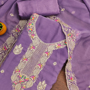 Lavender Designer Georgette Dress Material Adorned With Intricate Floral Embroidery