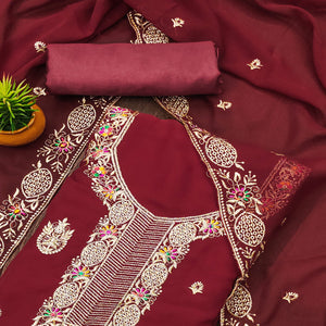 Maroon Floral Embroidered Georgette Dress Material