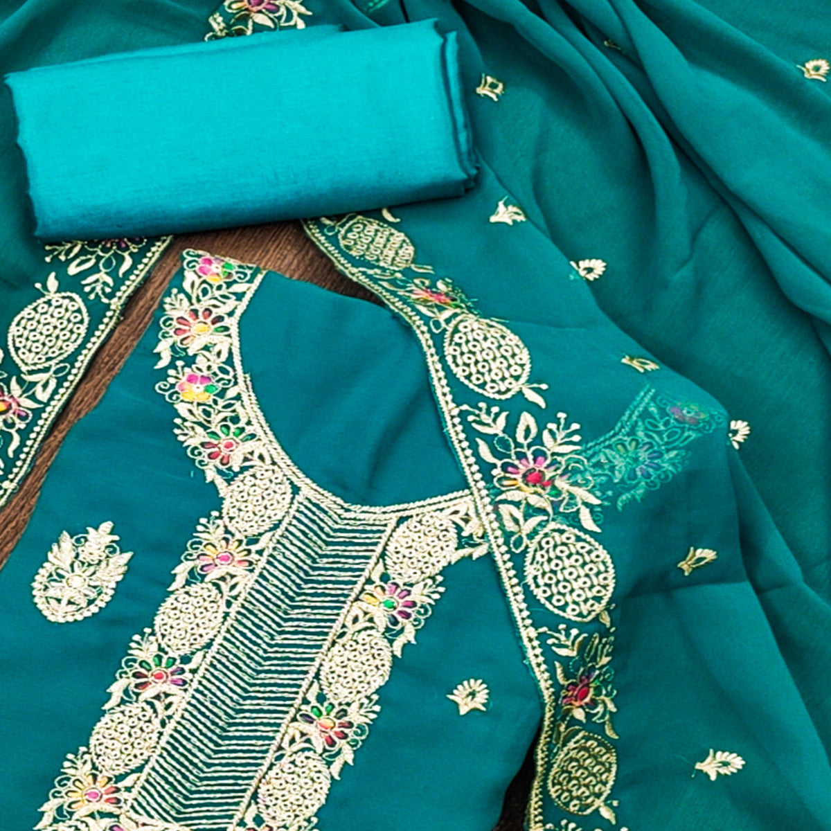 Rama Blue Floral Embroidered Georgette Dress Material