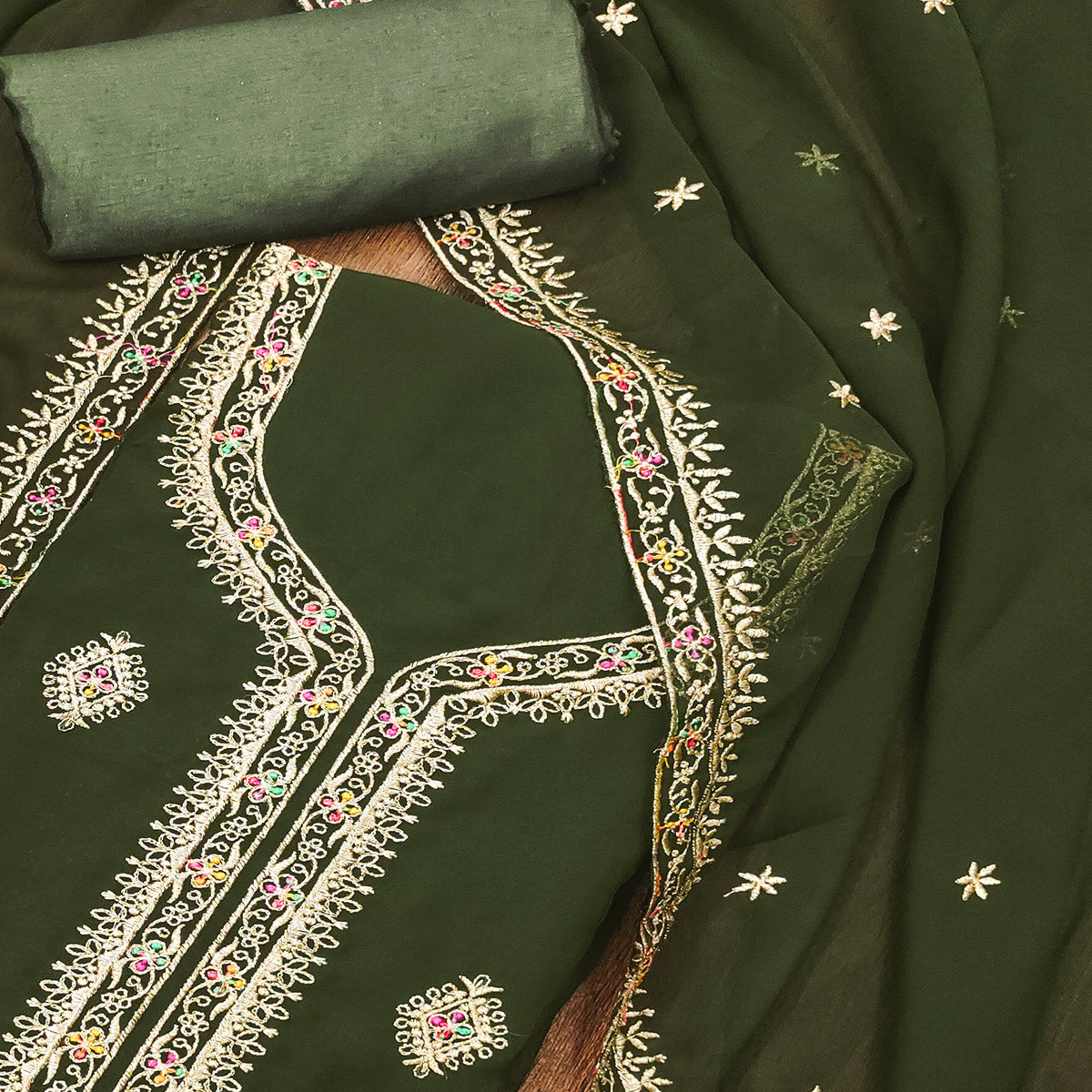 Mehendi Green Floral Embroidered Georgette Dress Material