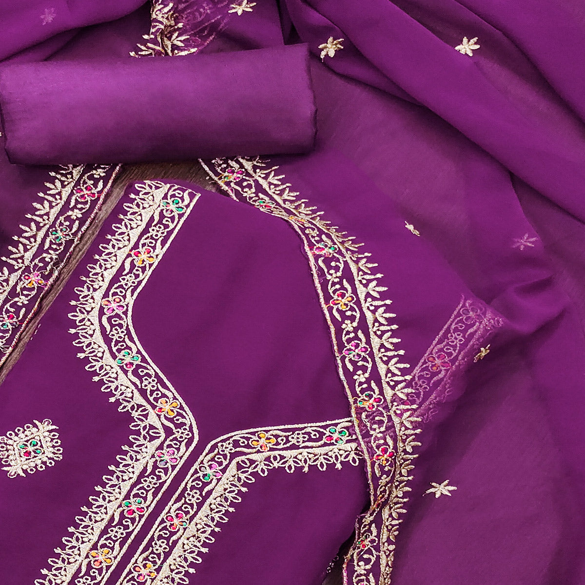 Purple Floral Embroidered Georgette Dress Material