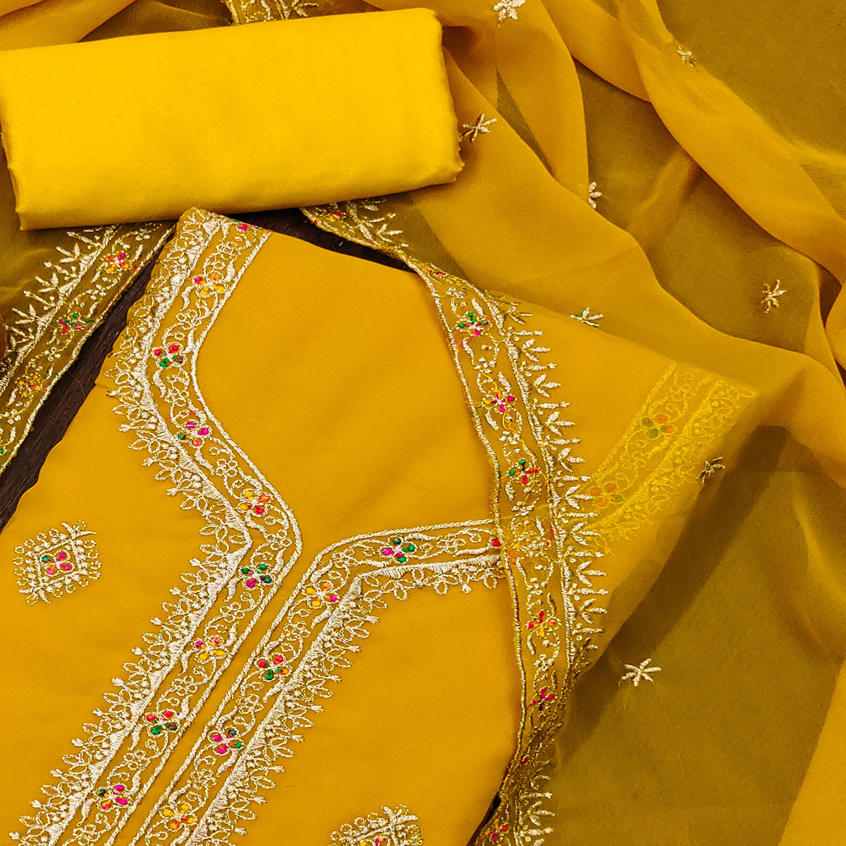 Yellow Floral Embroidered Georgette Dress Material