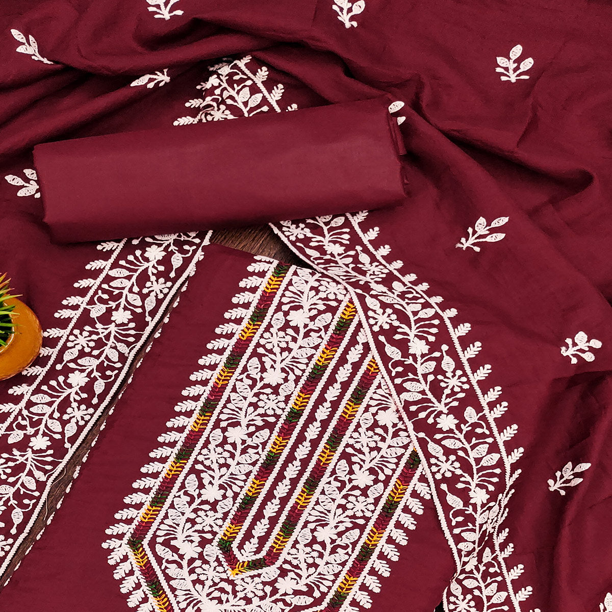 Maroon Floral Embroidered Cotton Silk Dress Material