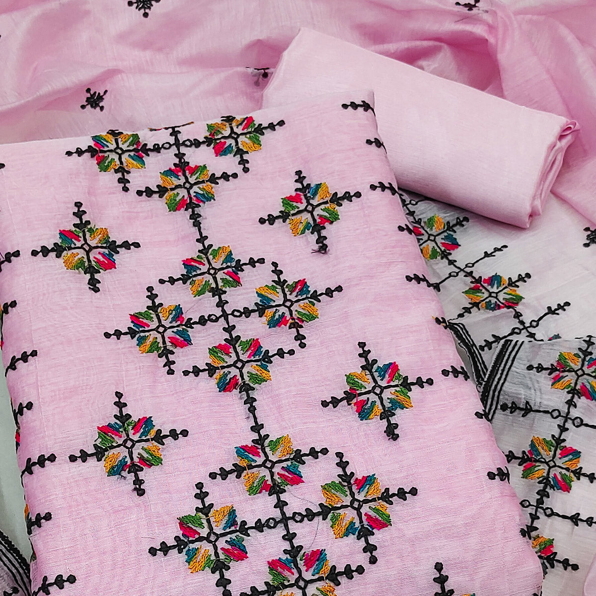 Pink Embroidered Chanderi Cotton Dress Material