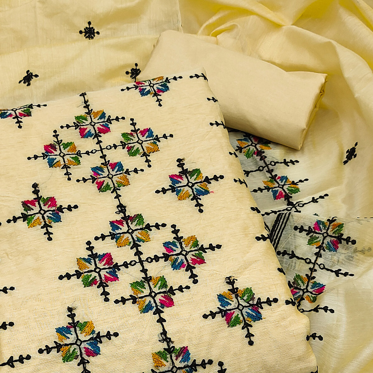 Yellow Embroidered Chanderi Cotton Dress Material