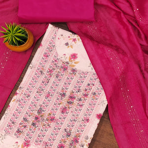 White & Rani Pink Cotton Blend Dress Material With Floral Digital Print & Embroidery