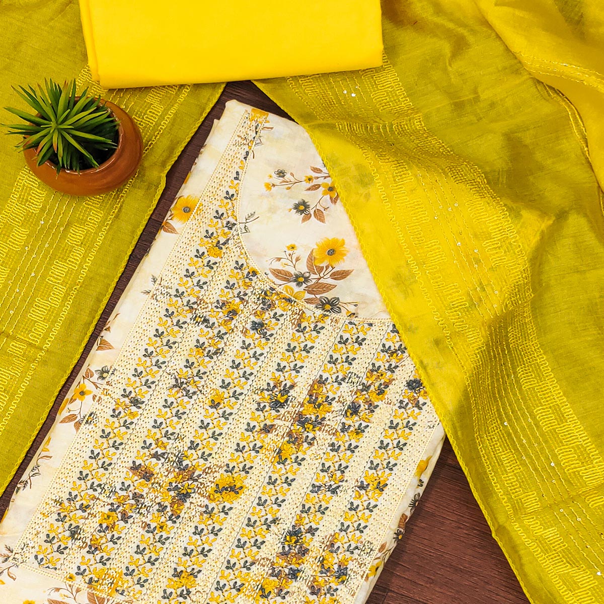 White & Yellow Cotton Blend Dress Material With Floral Digital Print & Embroidery