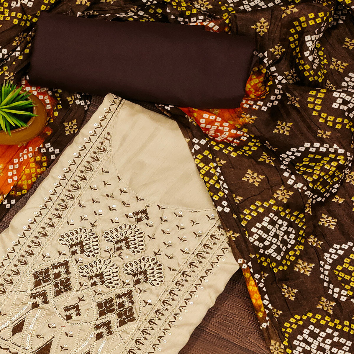 Beige Cotton Silk Dress Material With Delicate Floral Sequin Embroidery