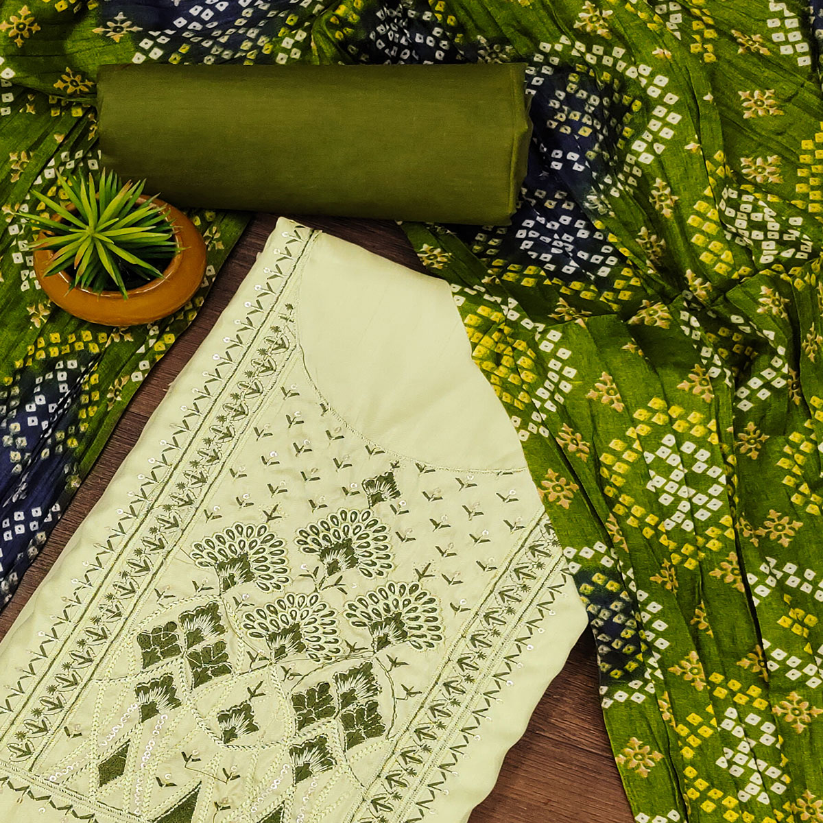Green Cotton Silk Dress Material With Delicate Floral Sequin Embroidery