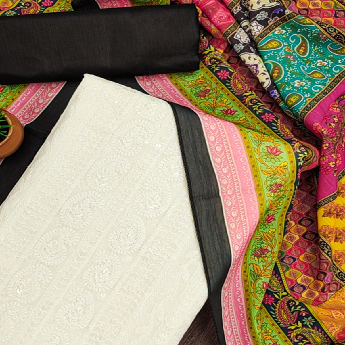 White & Black Cotton Blend Dress Material With Elegant Schiffli & Sequins Work