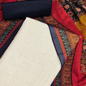 White & Blue Cotton Blend Dress Material With Elegant Schiffli & Sequins Work