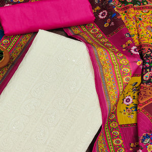 White & Pink Cotton Blend Dress Material With Elegant Schiffli & Sequins Work