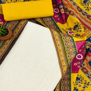 \White & Yellow Cotton Blend Dress Material With Elegant Schiffli & Sequins Work