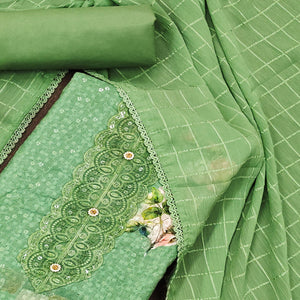 Green Schiffli Embroidered Cotton Blend Dress Material With Floral Digital Print