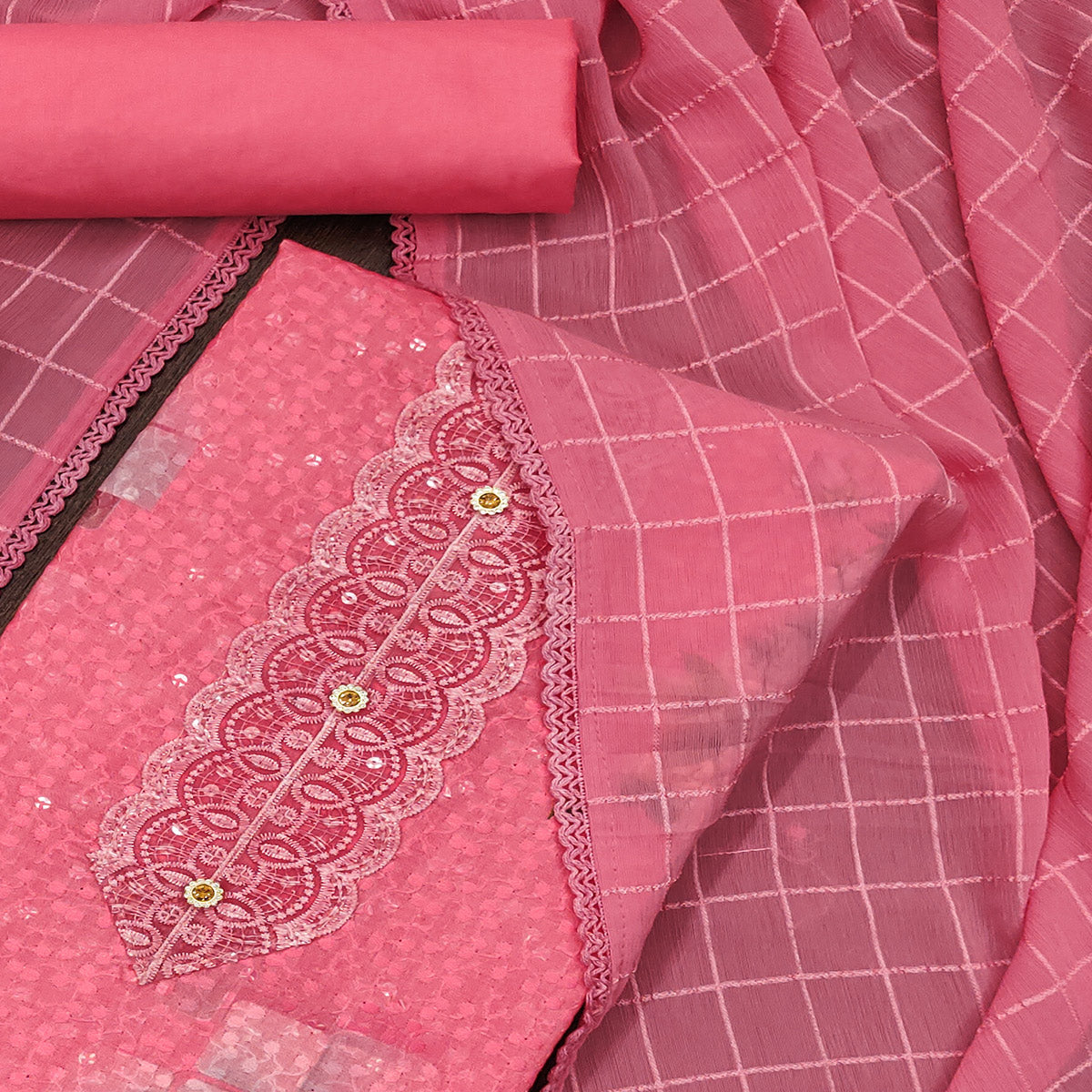 Pink Schiffli Embroidered Cotton Blend Dress Material With Floral Digital Print