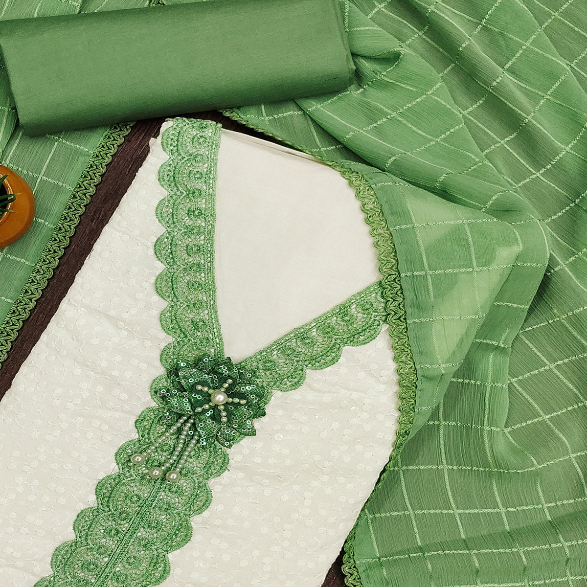 White & Green Cotton Blend Dress Material With Elegant Schiffli & Sequins Work