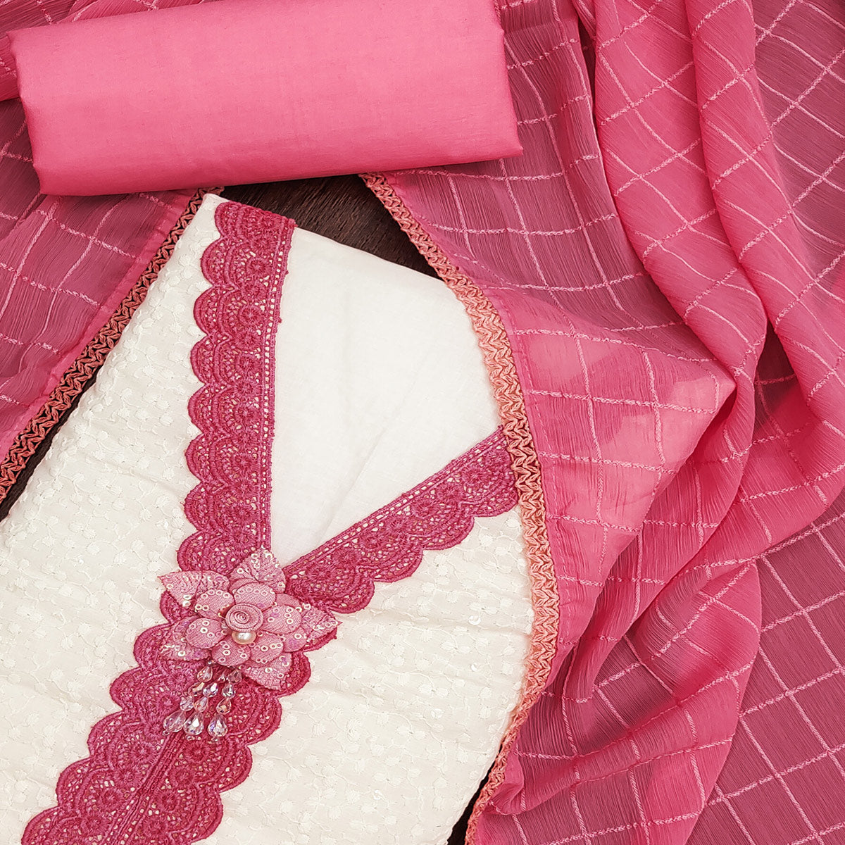 White & Pink Cotton Blend Dress Material With Elegant Schiffli & Sequins Work