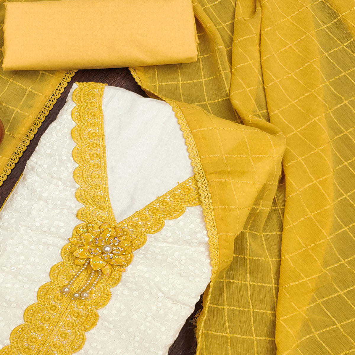 White & Yellow Cotton Blend Dress Material With Elegant Schiffli & Sequins Work