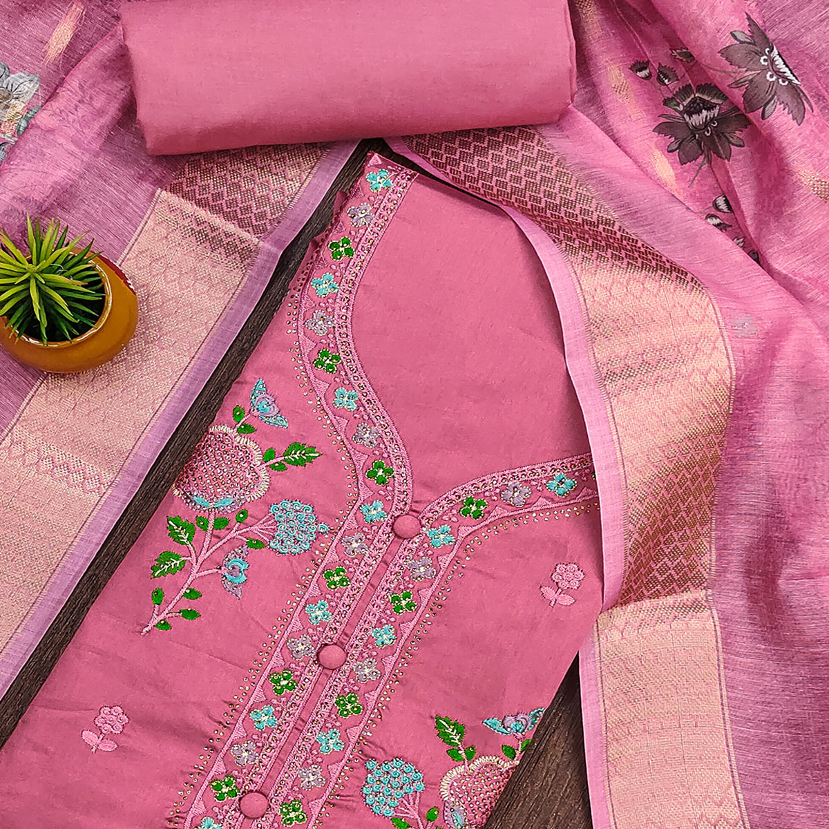 Elegant Pink Pure Cotton Dress Material Showcasing Fine Floral Embroidery & Swarovski Work