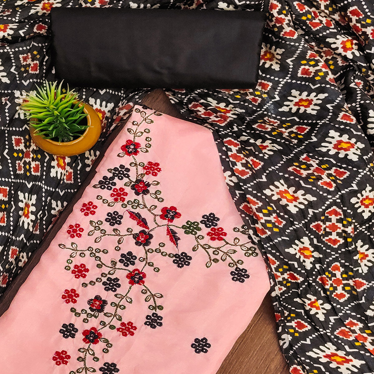 Peach Floral Sequins Embroidered Cotton Silk Dress Material