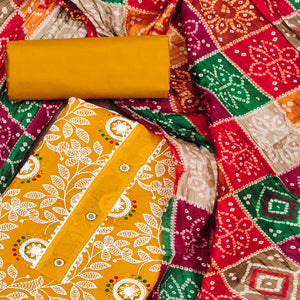 Mustard Floral Embroidered Cotton Blend Dress Material