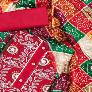 Red Floral Embroidered Cotton Blend Dress Material