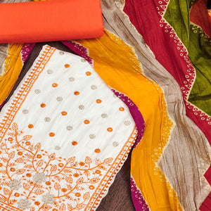 Cream & Orange Floral Sequins Embroidered Cotton Silk Dress Material