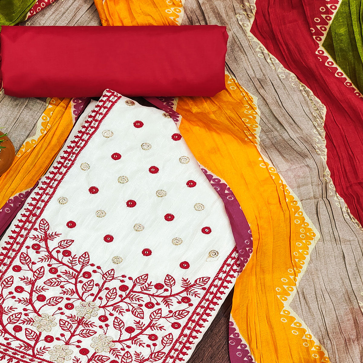 Cream & Red Floral Sequins Embroidered Cotton Silk Dress Material