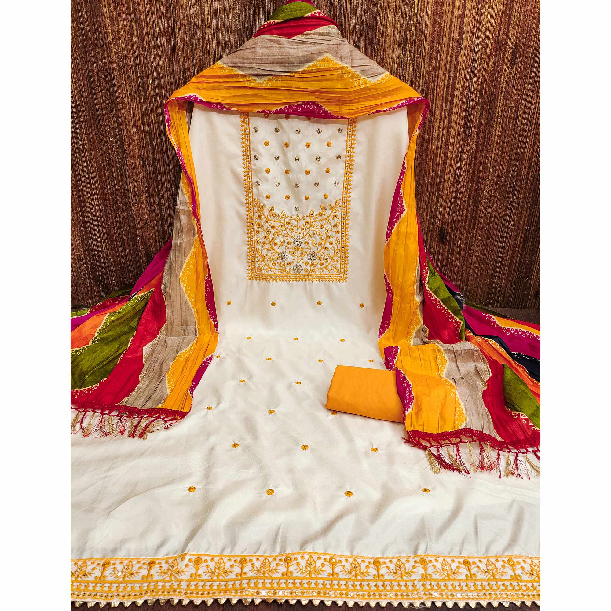 Cream & Yellow Floral Sequins Embroidered Cotton Silk Dress Material