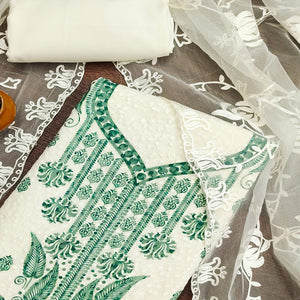 White & Rama Green Schiffli Embroidered Georgette Dress Material With Floral Digital Print