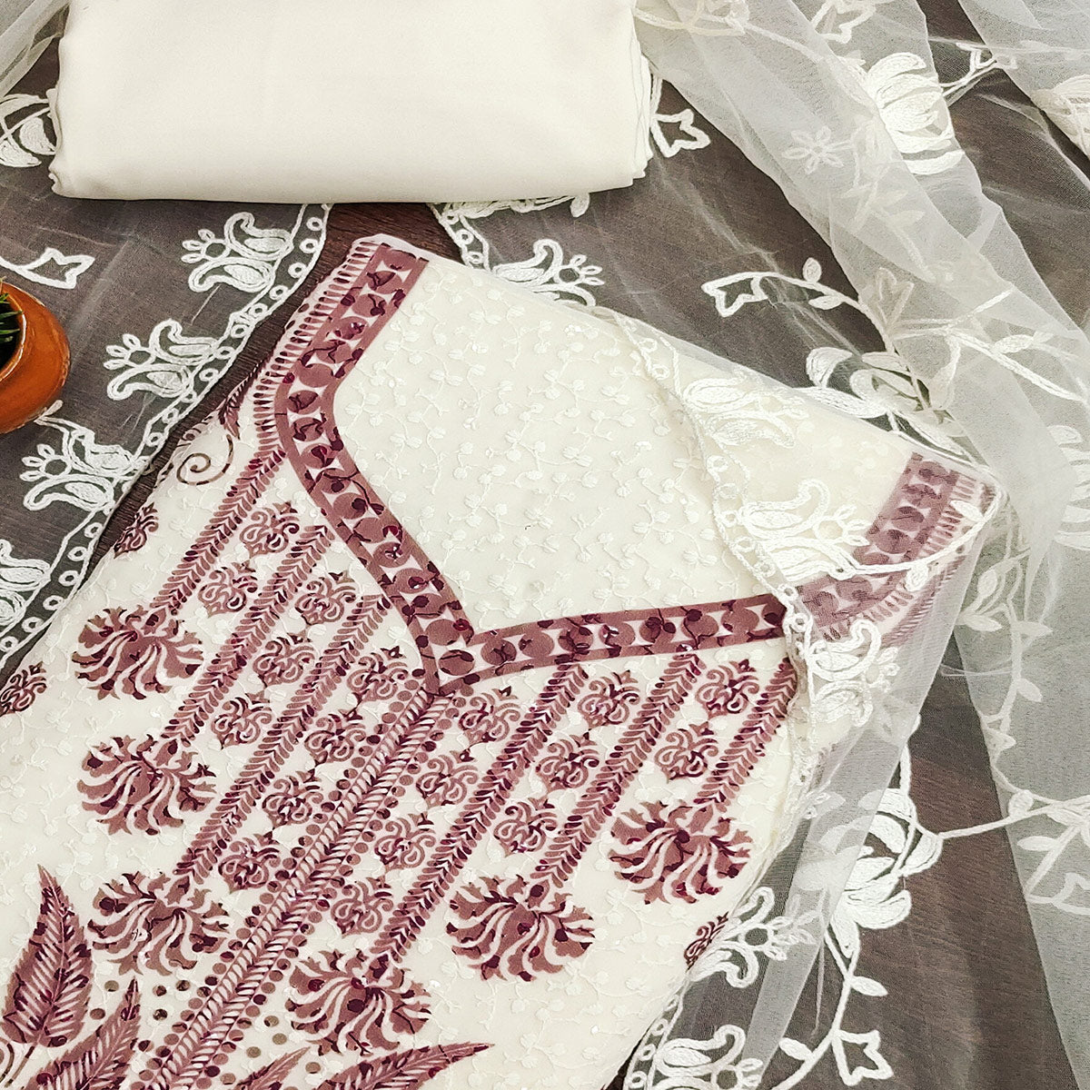 White &  Wine Schiffli Embroidered Georgette Dress Material With Floral Digital Print