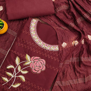 Maroon Cotton Blend Dress Material Adorned With Swarovski Accents and Floral Threadwork