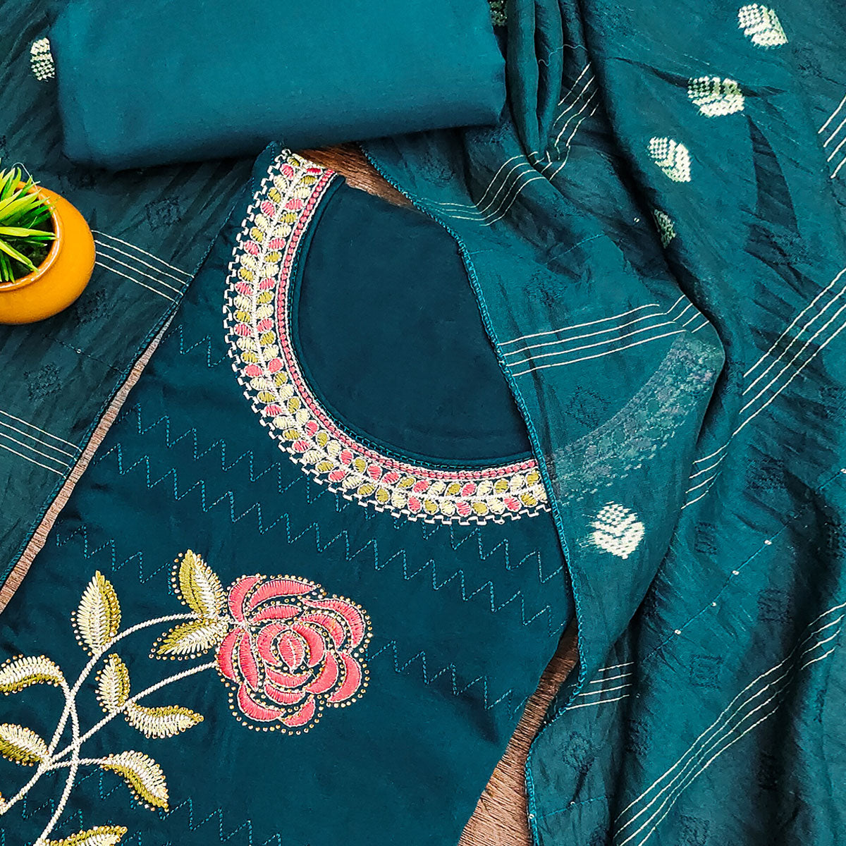 Teal Cotton Blend Dress Material Adorned With Swarovski Accents and Floral Threadwork