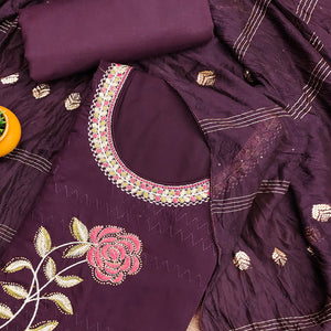 Wine Cotton Blend Dress Material Adorned With Swarovski Accents and Floral Threadwork